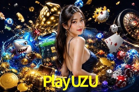 Una escena digital vívida inspirada en casino con PlayUZU mostrado prominentemente, luces brillantes, fichas, cartas y acentos dorados.