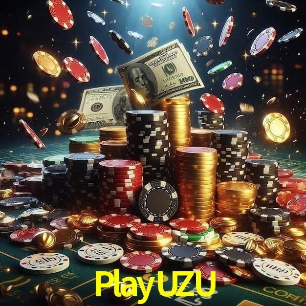 Escena dinámica inspirada en casino con iluminación PlayUZU, cartas, fichas e íconos de juegos digitales en un espacio moderno de juegos.