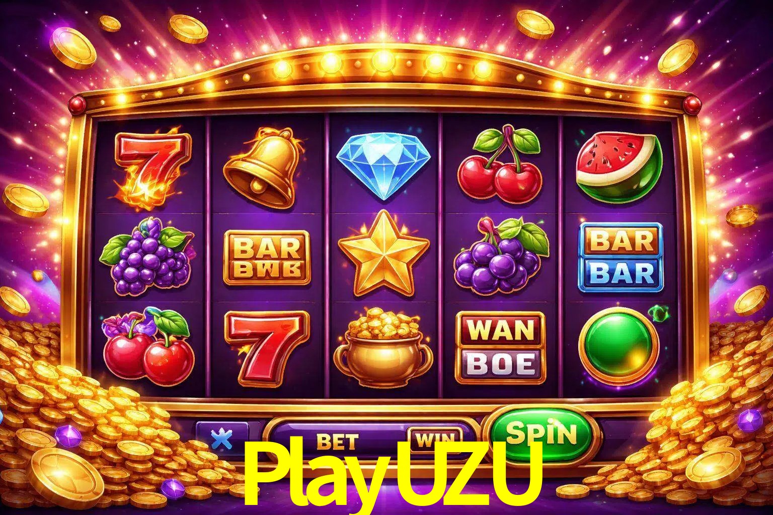Una interfaz colorida de tragamonedas en línea con símbolos brillantes, monedas y un efecto de victoria celebratoria en PlayUZU.