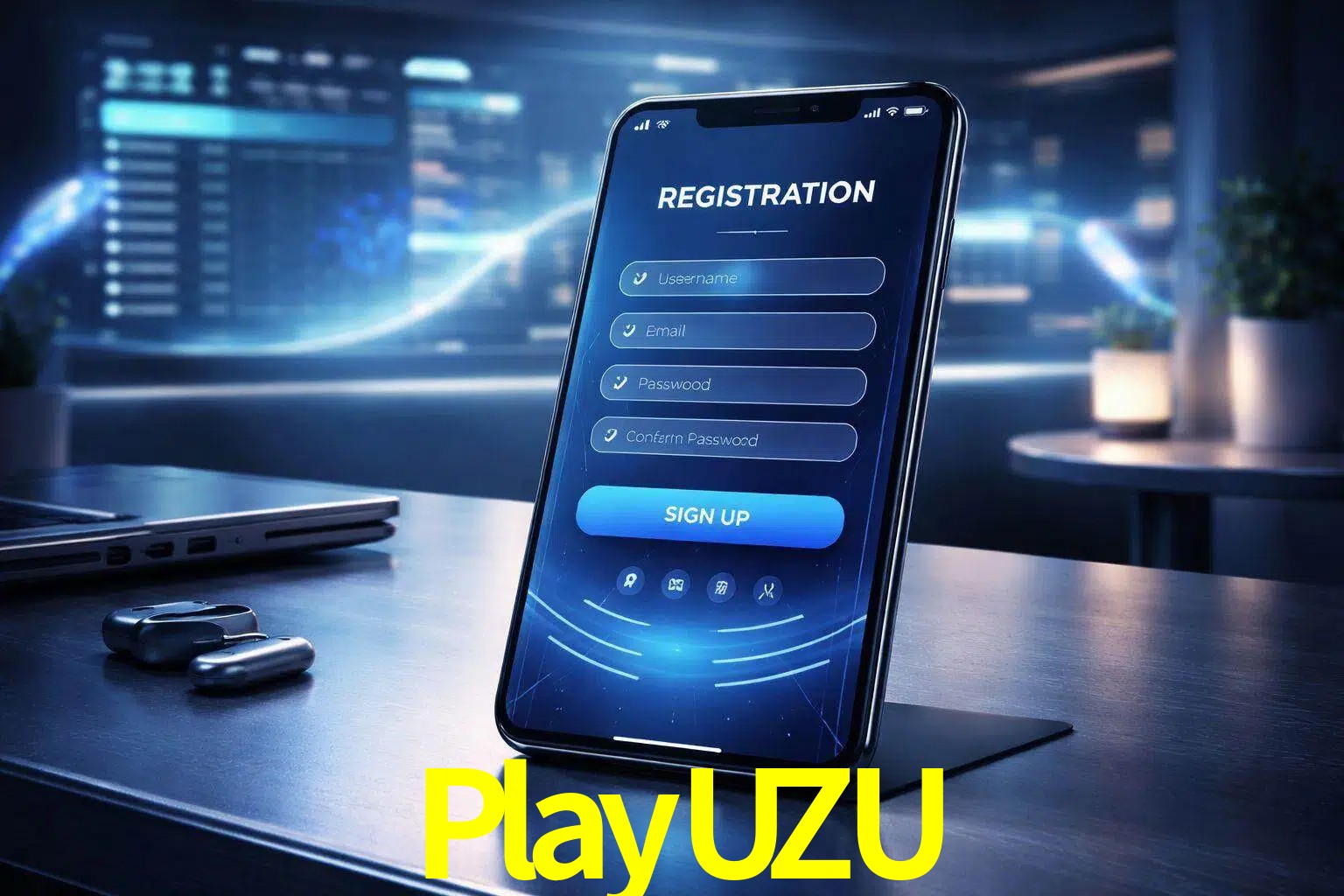 Una interfaz moderna de registro móvil para PlayUZU mostrada en un smartphone con un panel de apuestas elegante.